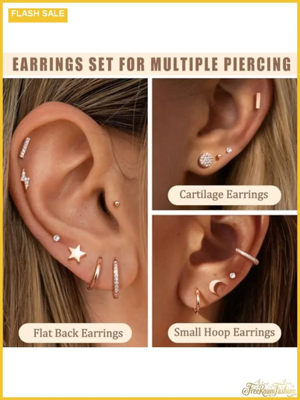 12 Pairs Hypoallergenic Flat Back Stud Earrings Set 14k Gold Plated Stainless